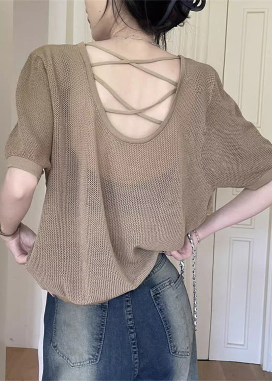 Women's Khaki T Shirt Round Neck Breathable Lightweight - OutfitLondon