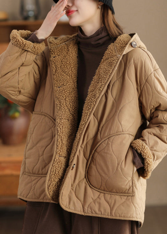 Womens Oversized Hooded Jacket Khaki Fleece Wool Lined - OutfitLondon