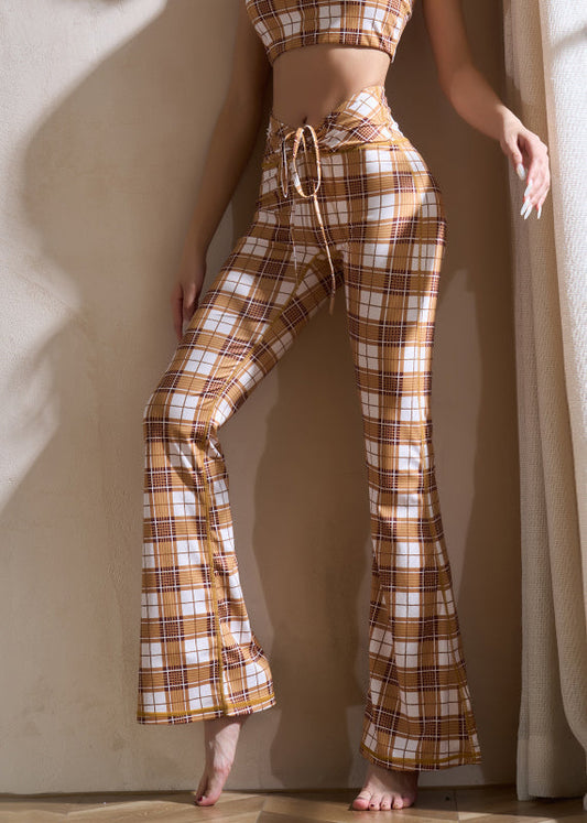 Women's Flared Yoga Pants Cotton Plaid Khaki Soft Breathable - OutfitLondon