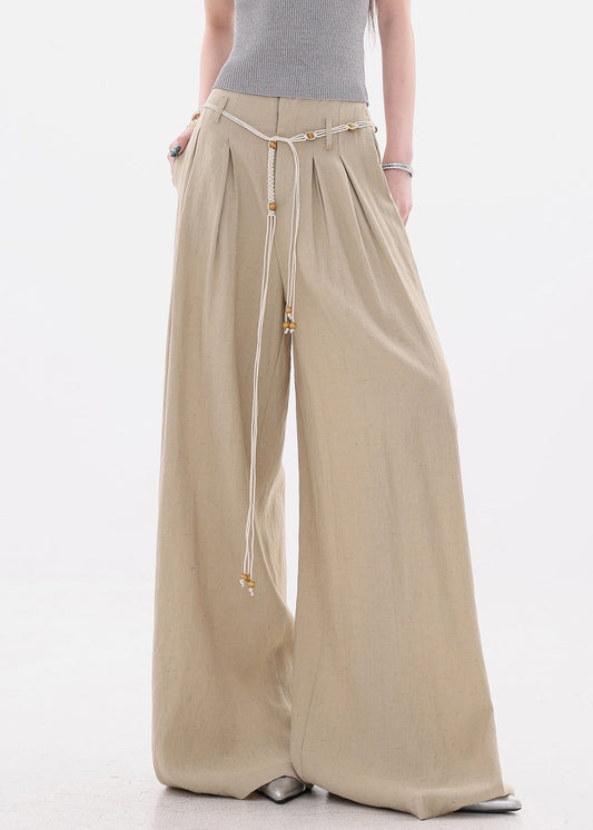 Women's Khaki Cotton Wide Leg Pants High Waist With Pockets - OutfitLondon