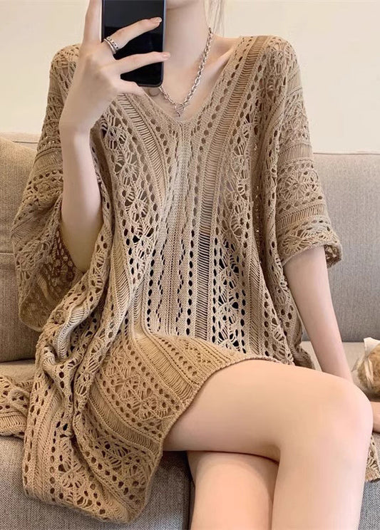 Women's Khaki V Neck Knit Three Quarter Sleeves Loose Fit - OutfitLondon