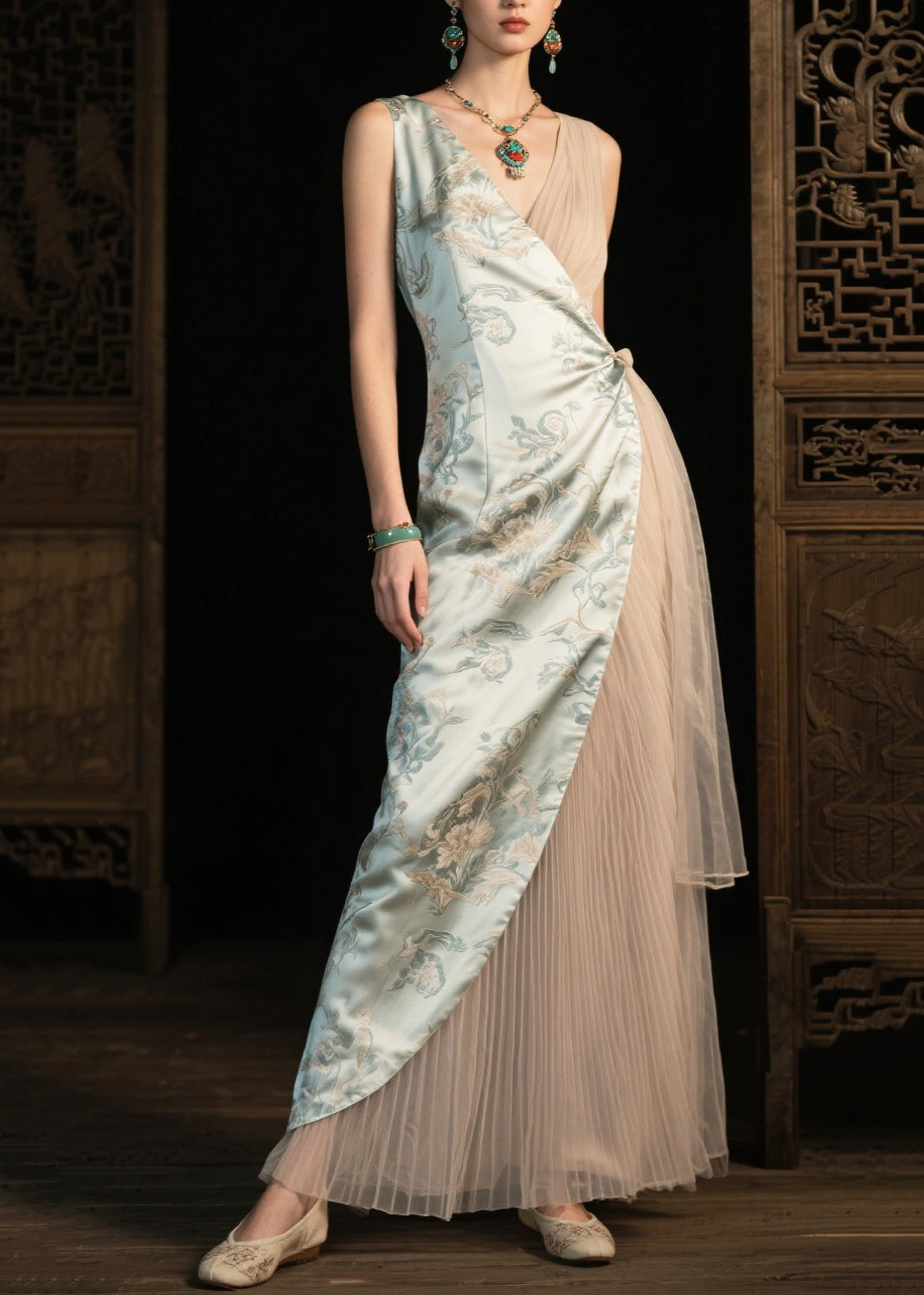 Women's Silk Pleated Dress Light Green Breathable Asymmetrical - OutfitLondon