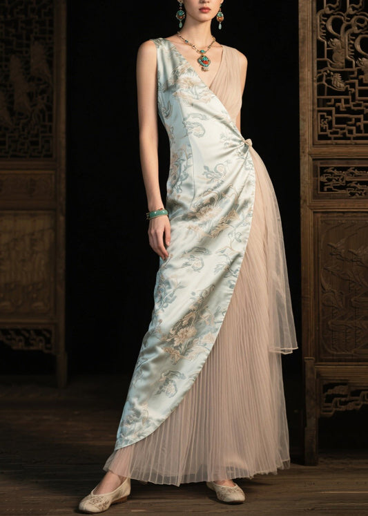 Women's Silk Pleated Dress Light Green Breathable Asymmetrical - OutfitLondon