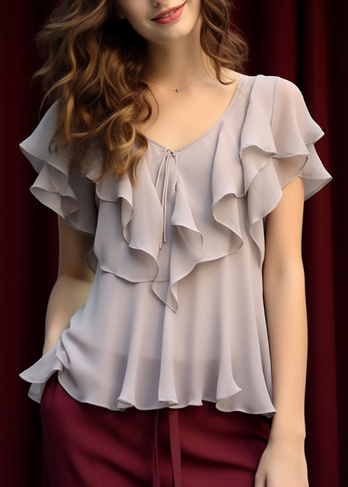 Women's Silk Blouse Ruffled Lightweight Beige - OutfitLondon