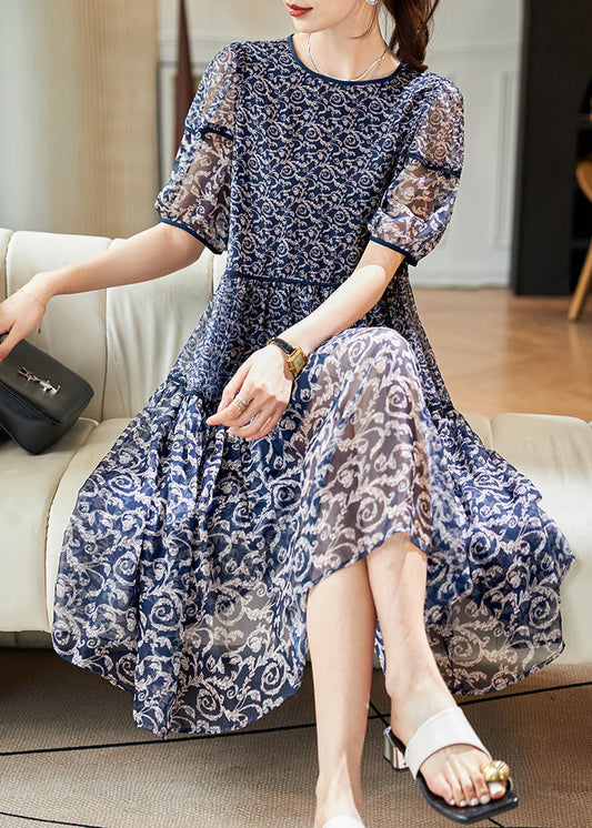 Women's Silk Patchwork Dress Lightweight Navy Round Neck - OutfitLondon