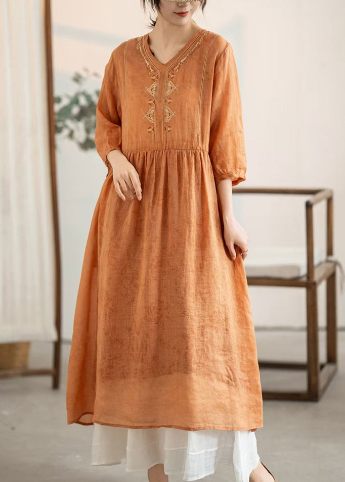 Women's Linen Patchwork Dress Orange Embroidery Breathable - OutfitLondon