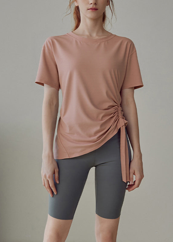 Women's Yoga Short Sleeves Round Neck Cotton Blend Pink - OutfitLondon