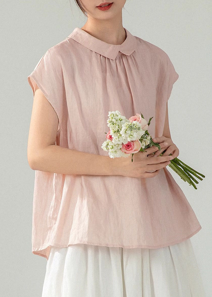 Women's Cotton Linen Blend Shirt Peter Pan Collar White - OutfitLondon