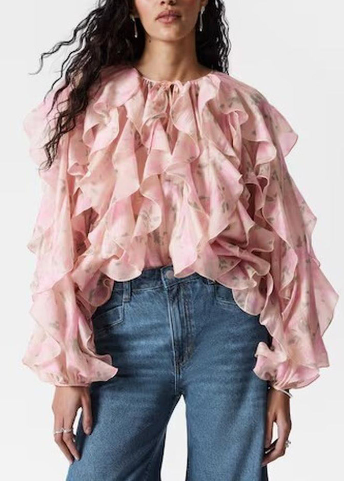 Women's Silk Blouse Rose Ruffle Chiffon - OutfitLondon