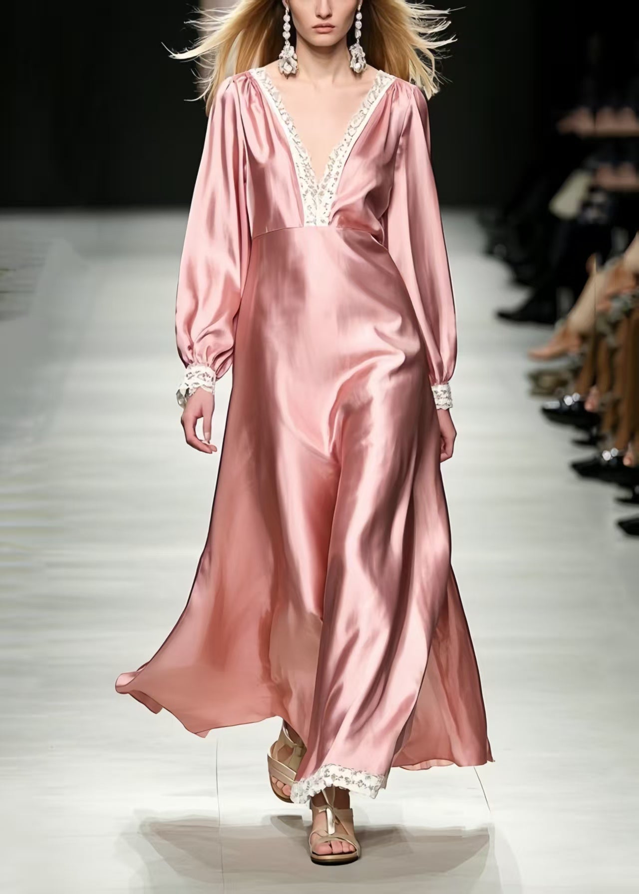 Women's Silk Patchwork Dress Soft Pink V-Neck - OutfitLondon