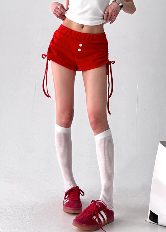 Women's Cotton Summer Shorts Elastic Waistband Breathable Red - OutfitLondon