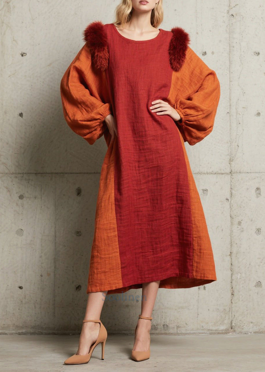 Women's Faux Fur Robe Dress Oversized Red Patchwork - OutfitLondon