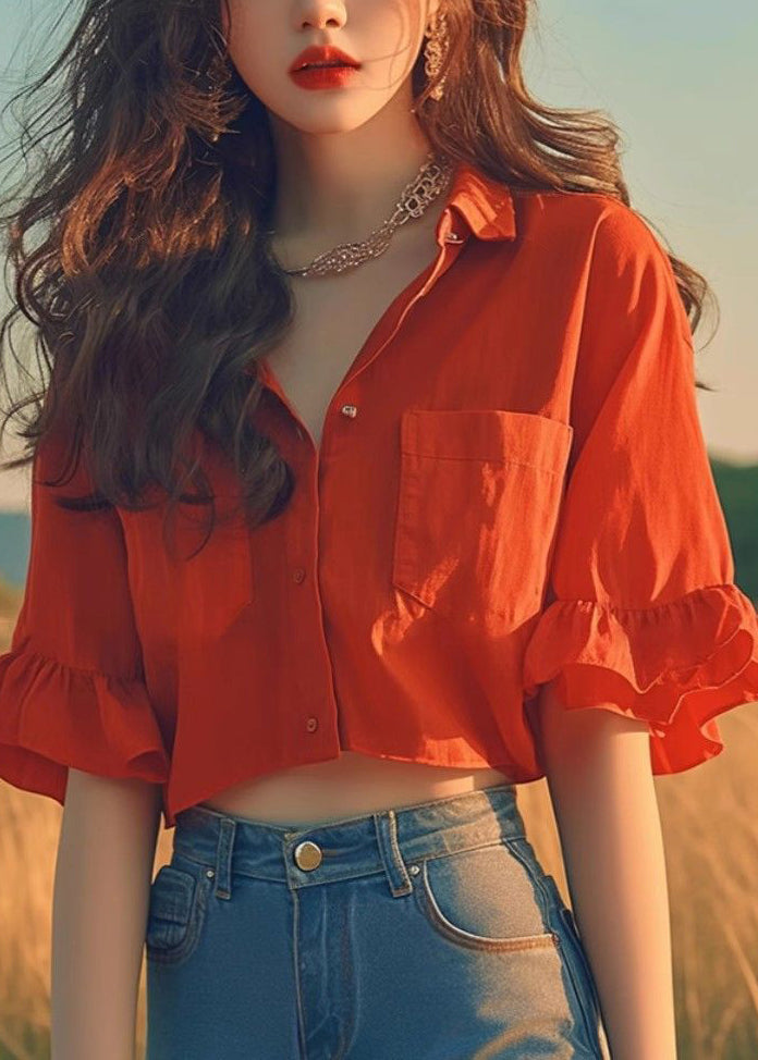 Women's Cotton Blouse Short Sleeve Puff Sleeves Red - OutfitLondon