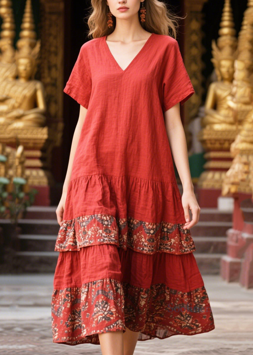 Women's Cotton Patchwork Sundress V Neck Red Vacation Dress - OutfitLondon