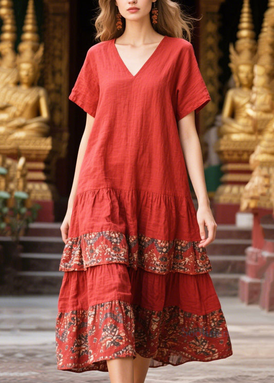 Women's Cotton Patchwork Sundress V Neck Red Vacation Dress - OutfitLondon