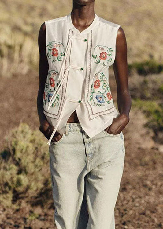 Women's Cotton Embroidered Tank White Breathable - OutfitLondon