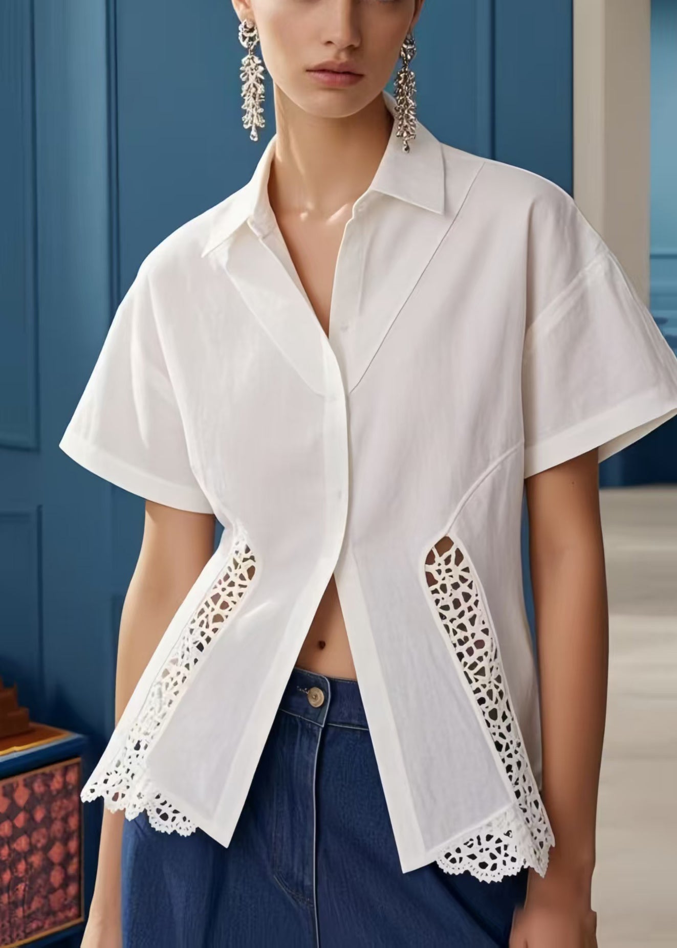 Women's Cotton Blend Eyelet Blouse White Patchwork Breathable - OutfitLondon