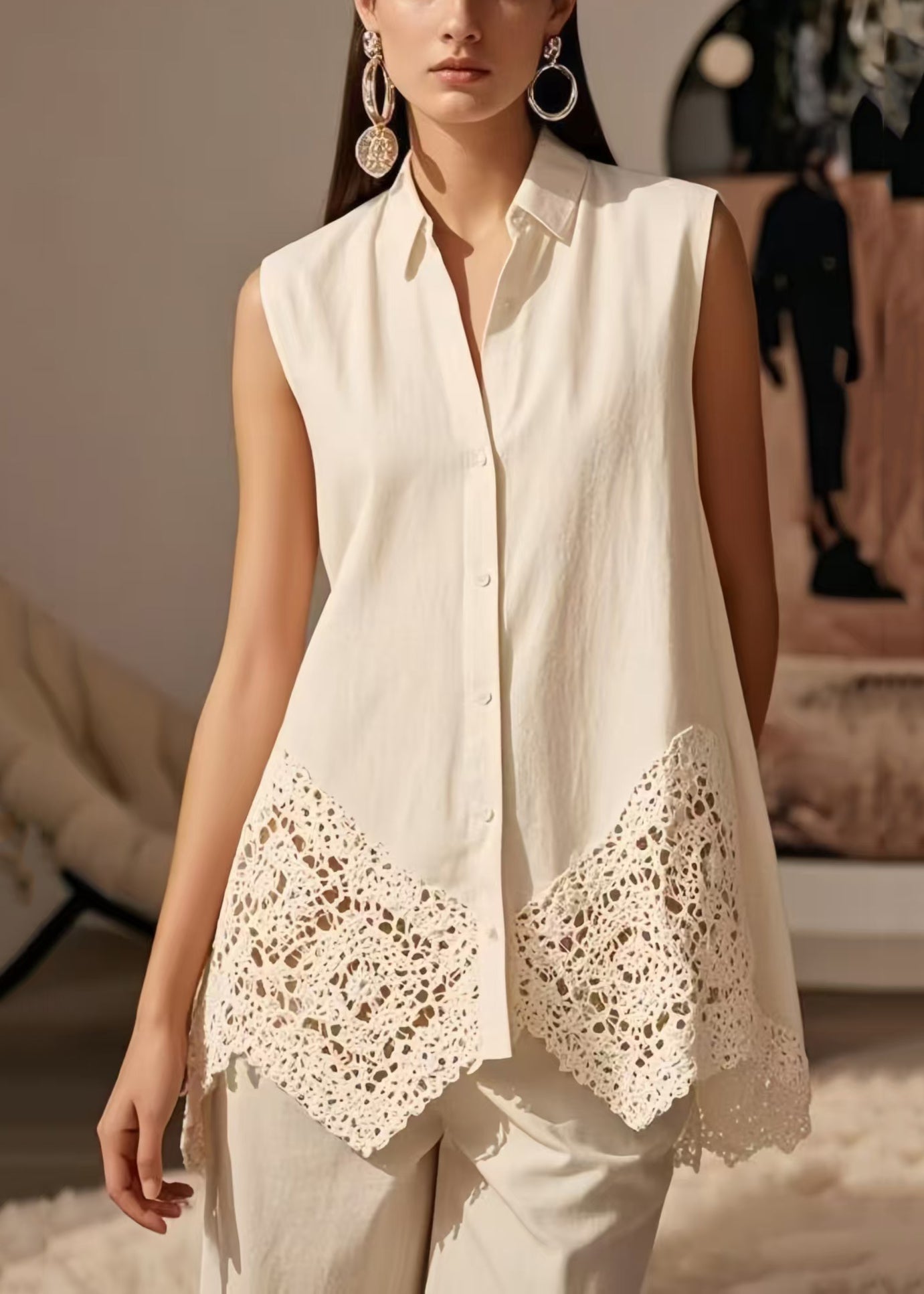 Women's Cotton Lace Blouse Sleeveless Breathable White - OutfitLondon