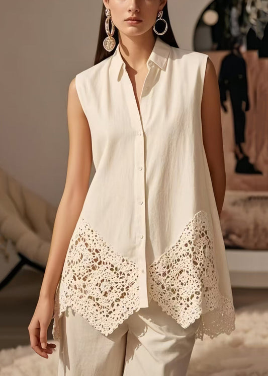 Women's Cotton Lace Blouse Sleeveless Breathable White - OutfitLondon