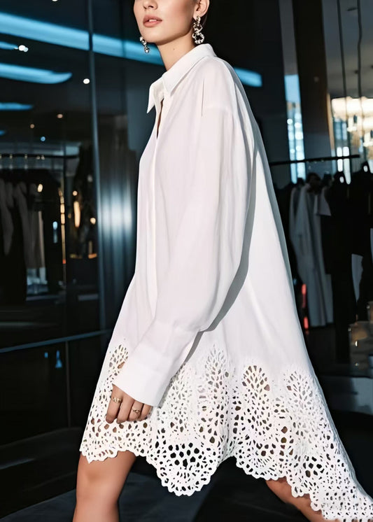 Women's Oversized Cotton Shirt Dress White Breathable - OutfitLondon