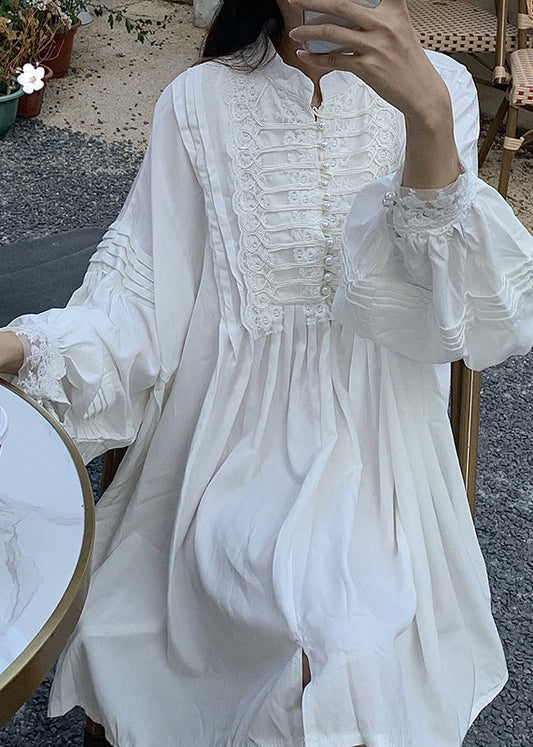 Women's White Cotton Mini Dress Pearl Detailing - OutfitLondon