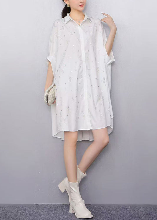 Women's Oversized Cotton Shirt Dress White With Rhinestones - OutfitLondon
