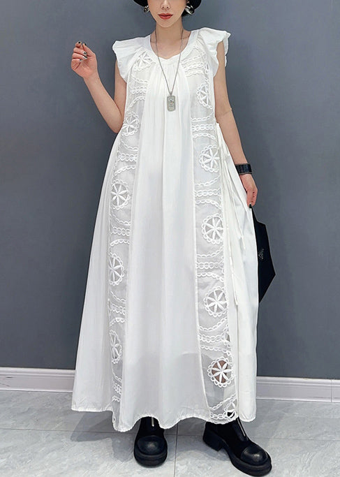 Women's White Silk Chiffon Lace Trapeze Dress - OutfitLondon