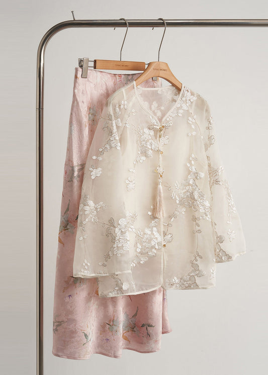 Women's Silk Blend Fringe Coat White Embroidered - OutfitLondon