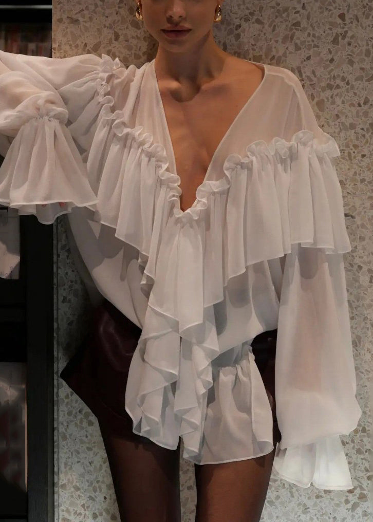 Women's Silk Chiffon Blouse V Neck Ruffles White - OutfitLondon