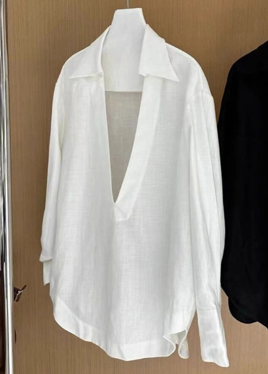 Women's Cotton Blouse V Neck White Breathable Office - OutfitLondon