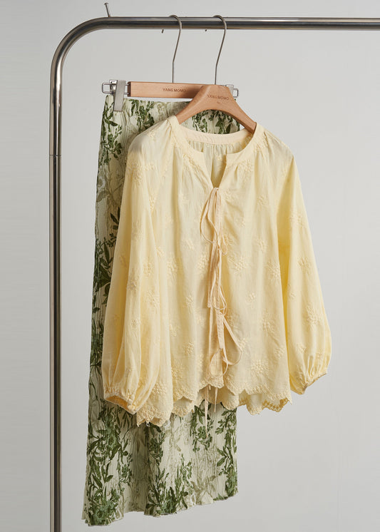 Women's Cotton Embroidered Blouse Relaxed Fit Yellow - OutfitLondon
