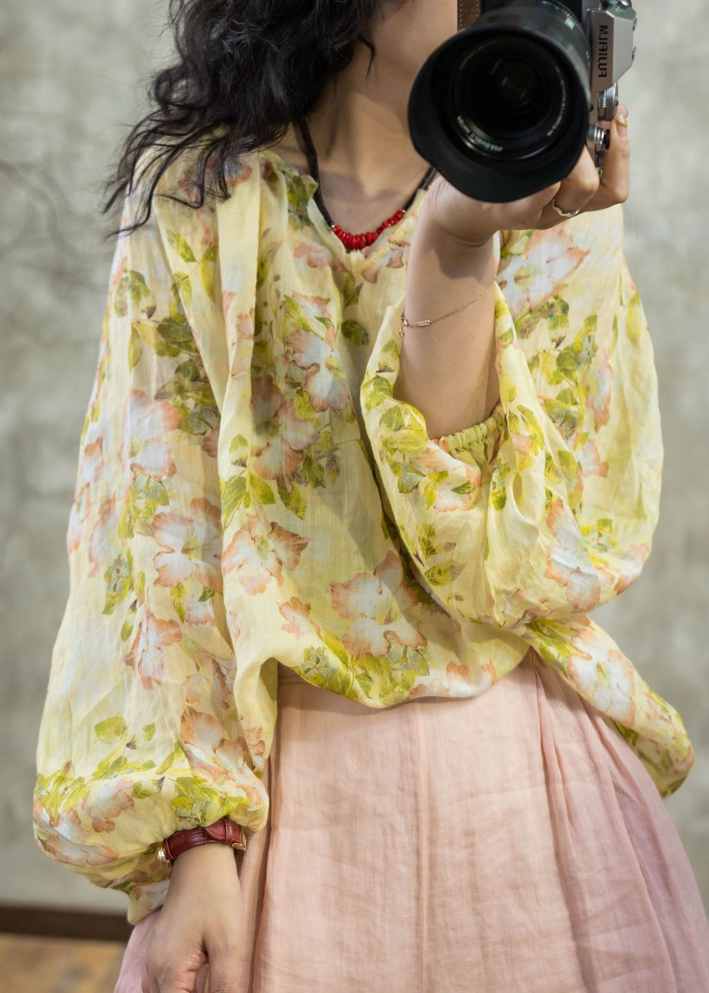 Women's Linen Blouse Yellow Print Relaxed Fit - OutfitLondon