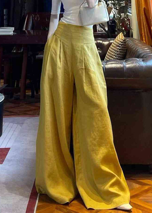 Women's Wide Leg Linen Pants High Waist Yellow Pockets Breathable - OutfitLondon