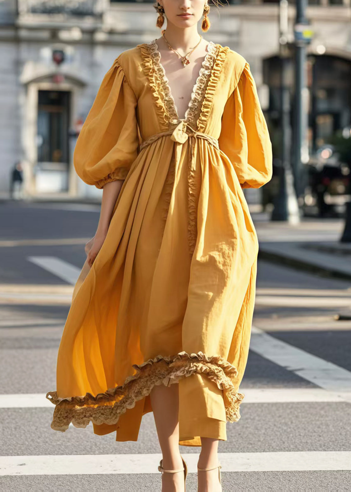 Women's Yellow Cotton Evening Dress V Neck Ruffles Lantern Sleeves - OutfitLondon