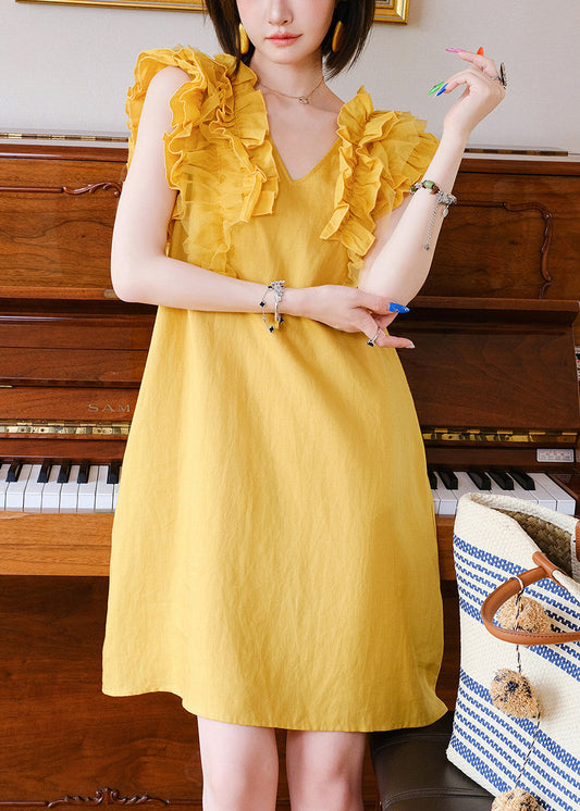 Women's Yellow Midi Dress Ruffle Tulle V Neck Sleeveless - OutfitLondon