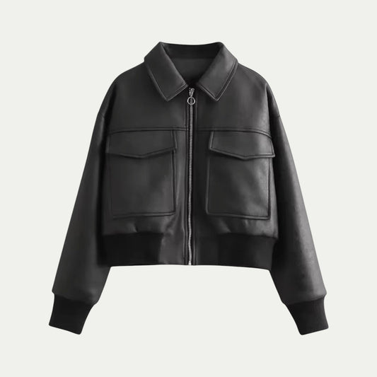 Ladies Synthetic Leather Biker Jacket - OutfitLondon