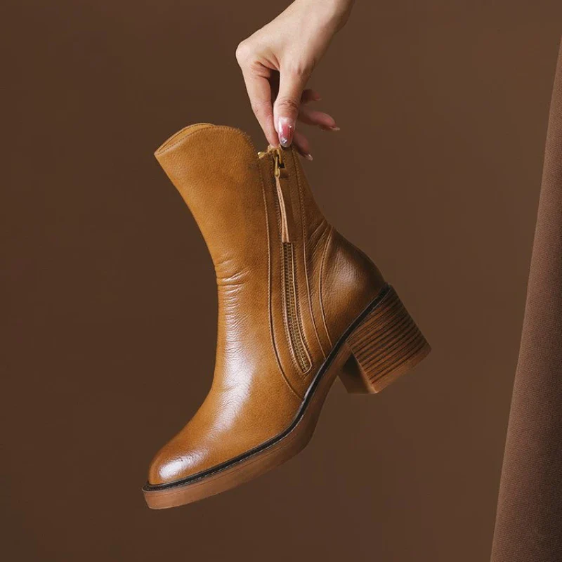 Ladies High Heel Leather Ankle Boots