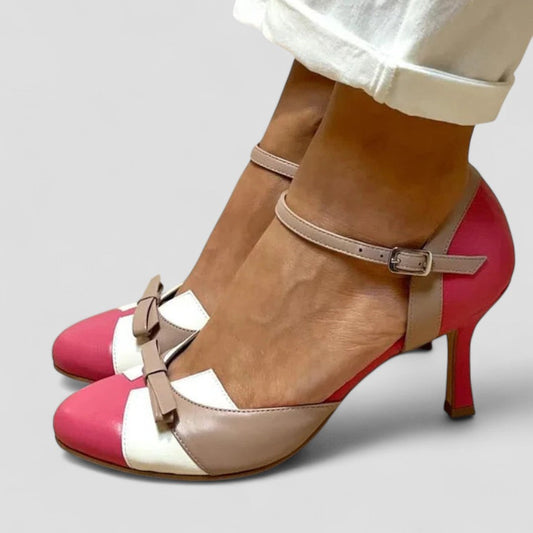 Comfortable High Heel Leather Shoes with Bow Accent - OutfitLondon