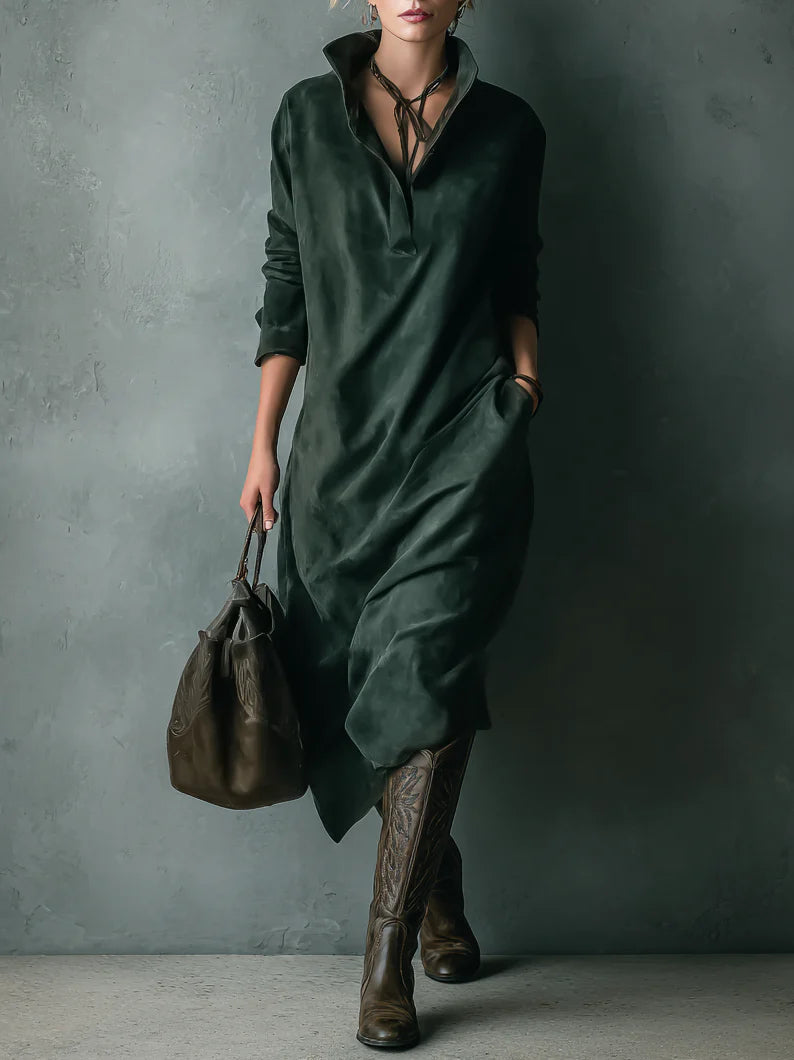 Soft Olive Suede Long Sleeve Midi Dress - OutfitLondon