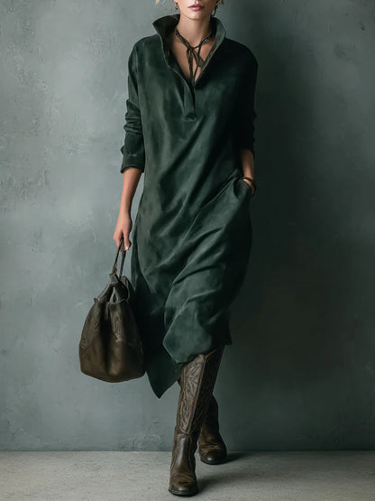 Soft Olive Suede Long Sleeve Midi Dress - OutfitLondon