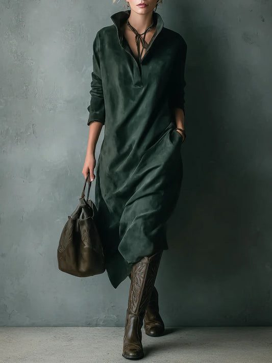 Soft Olive Suede Long Sleeve Midi Dress - OutfitLondon