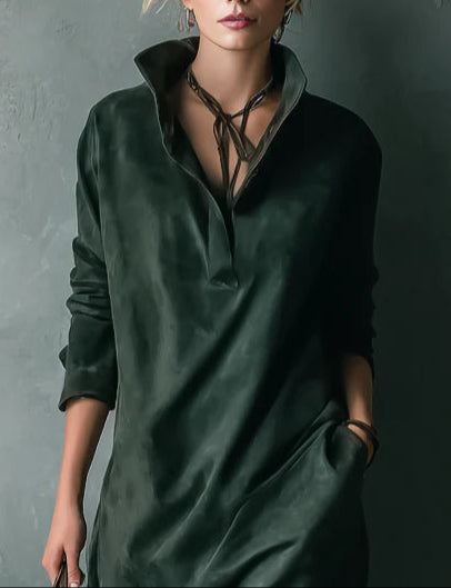 Soft Olive Suede Long Sleeve Midi Dress