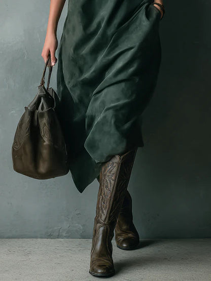 Soft Olive Suede Long Sleeve Midi Dress