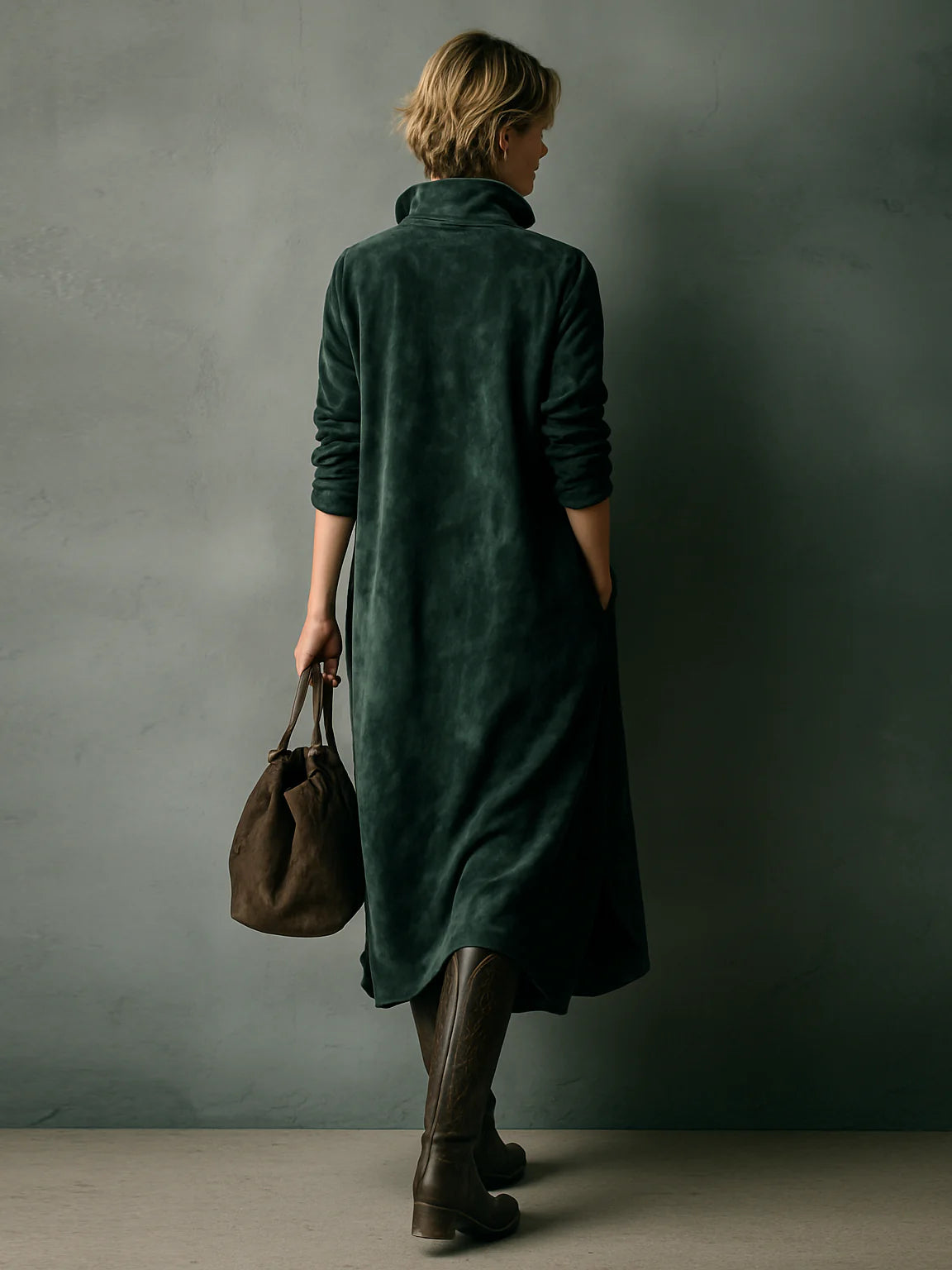 Soft Olive Suede Long Sleeve Midi Dress