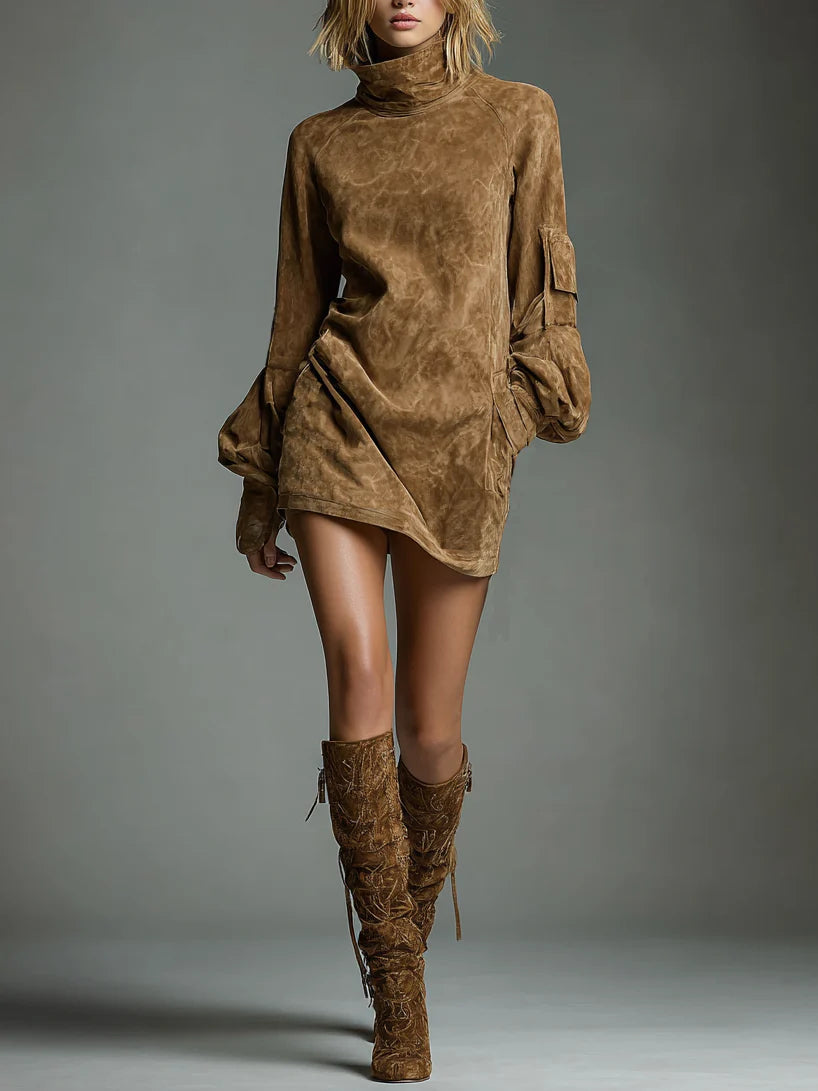 Soft Suede Mini Dress with Retro Style - OutfitLondon