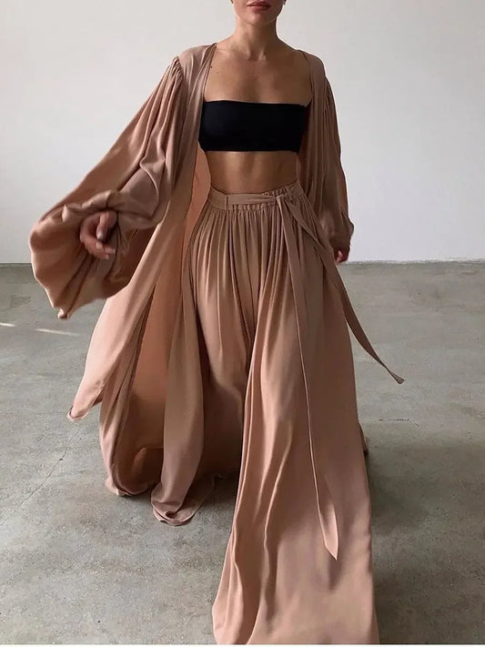 Women's Stylish Puff Sleeve Jacket and Wide Leg Trousers Set