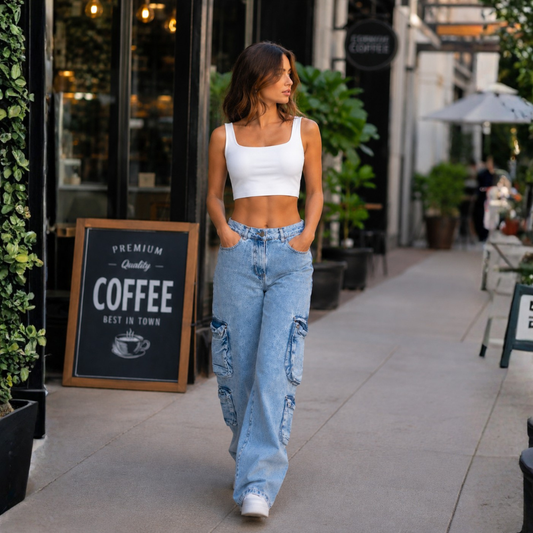 Women's Casual Cotton Baggy Cargo Pants with Wide Legs