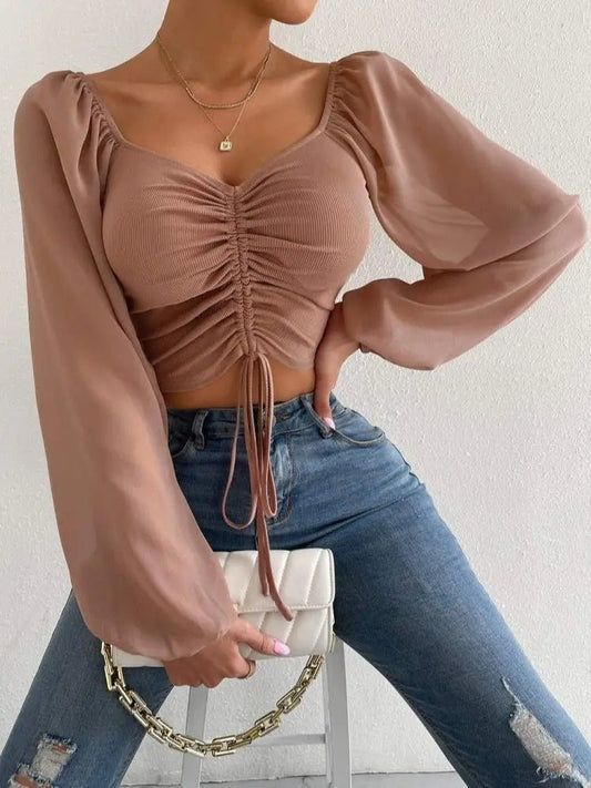 Women's Stylish Ruched Cotton Crop Top with Puff Sleeves