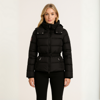 Warm Women's Black Puffer Coat with Belted Waist - OutfitLondon