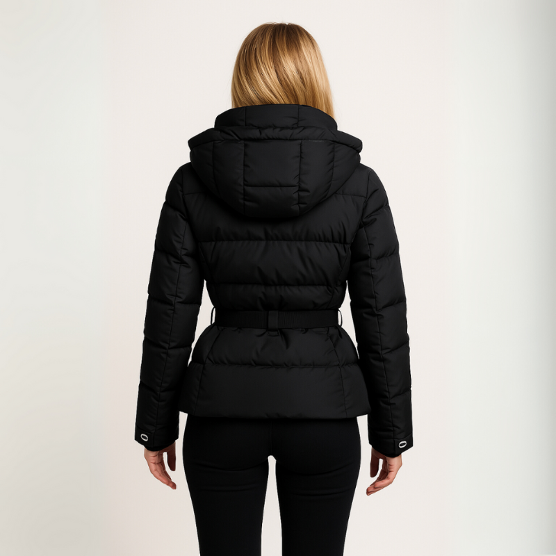 Warm Women's Black Puffer Coat with Belted Waist